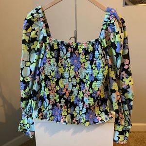 FREE PEOPLE Linen Floral Smocked Top Size M